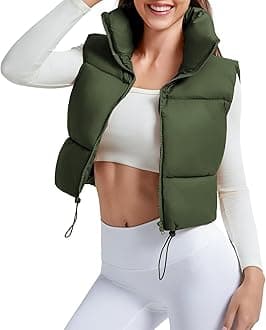 CULACCINO Women's Winter Cropped Puffer Vest Crop Jackets For Women Full Zip Stand Collar Padded Lightweight Outwear Vest