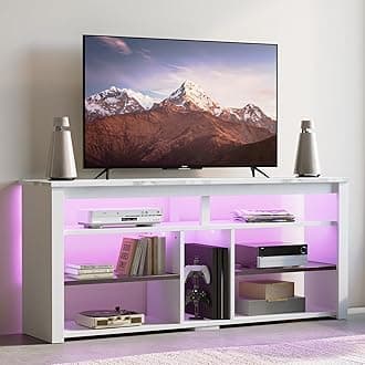 LED Tall Entertainment Center for PS4, 55 inch TV Stand for 55/60/65 inch TV, TV Console with Storage, Media TV Cabinet with Adjustable Shelf for Living Room, White Marble