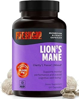 FreshCap Mushrooms Lion's Mane Supplement - Natural Nootropic for Brain Health, Cognition and Mood- Two Month Supply (120 Capsules) - Organic and Dual Extracted 1000 mg