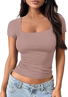 Trendy Queen Short Sleeve Shirts for Women Double Lined Square Neck Cute Going Out Crop Tops Spring Summer Teens Basic Tees