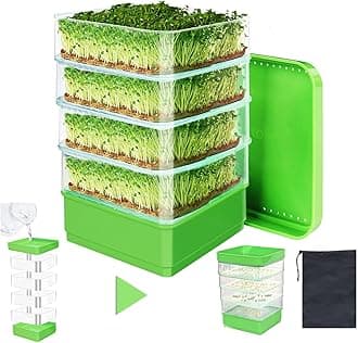 4-Tier Seed Sprouting Kit with Drain Holes and Drain Tray, Upgrade Stackable Microgreens Fresh Organic Bean Seed Sprouter Tray Ripple Soil-Free Sprouter Tray for Beans Alfalfa Seeds