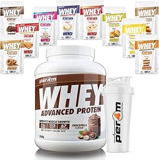 Per4m Advanced Whey Protein Powder | 67 Serving Low Sugar Protein Shake with Amino Acids | Perfect for Your Gym Bag and Travel | Shaker & 10 Mixed Selection Sachets (2010g, Chocotella)
