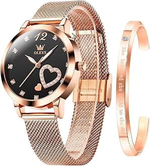 OLEVSOLEVS Ladies Watches Rose Gold Stainless Steel Mesh Strap Heart Diamond Fashion Dress Japanese Quartz Waterproof Luminous Bracelet Sets (Black)