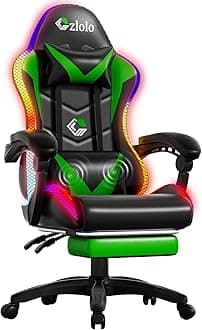 Gaming Chair, Racing Style RGB LED Lights Gaming Chairs for Adults and Kids, Lumbar Massager Gamer Chair, High Back Reclining Computer Chair with Footrest and Headrest (Black/Green)