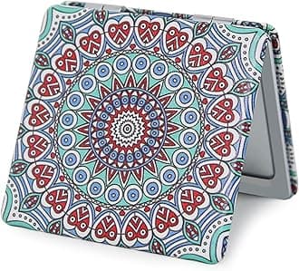 Pocket Mirror for Women, Square 2.8” Metal Frame PU Ethnic Style Double Sided Mini Magnifying 1X/3X Mirror for Purse Compact Travel Mirror (Ethnic03)