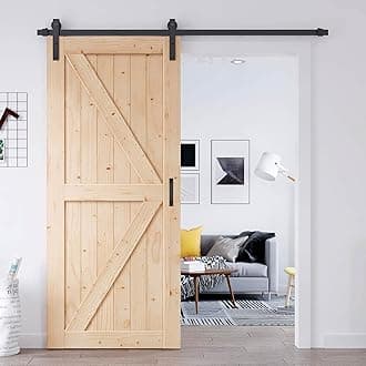 EaseLife 36in x 84in Sliding Barn Door with 6.6FT Barn Door Hardware Kit & Handle Included,Solid Spruce Wood Door,Assemblely Required,Stainable, K-Frame