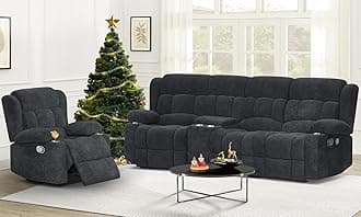 Recliner Sofa Set with Storage Console, Flip Middle Backrest Design 3 Seater Reclining Sofa and Single Recliner Chair, Manual Couches for Living Room (Gray, 3 Seat+Console+1)