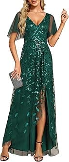 Ever-Pretty Women's Shimmery Formal Dress V Neck Sequins A-Line Side Slit Elegant Long Evening Dresses 02083