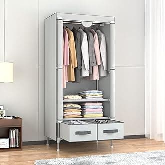 Bedroom Canvas Wardrobe with 2 Drawers, Portable Closet with Hanging Rail and Wardrobe Shelves, 75x45x170cm, Ash-White