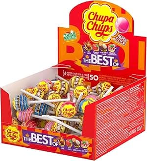 Chupa Chups Best Of Lollipop Box, 4 Flavours Of Party Sweets With Natural Colours, Suitable for Vegetarians - 50 Lollies