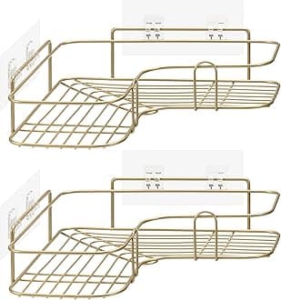 Navaris Self Adhesive Shower Caddy - Set of 2 Bathroom Organizer Shelves for Corner Wall of Bath - Toiletry Shampoo Storage Rack Holder - Gold