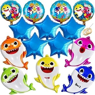 GRAME Shark Birthday Party Decorations for Boys and Girls, 26” Cartoon Helium Balloons XL for Baby Birthday Party with 9 Pcs 18” Round and Star Ocean Theme Balloons, Shark Party Decorations (14 pcs)