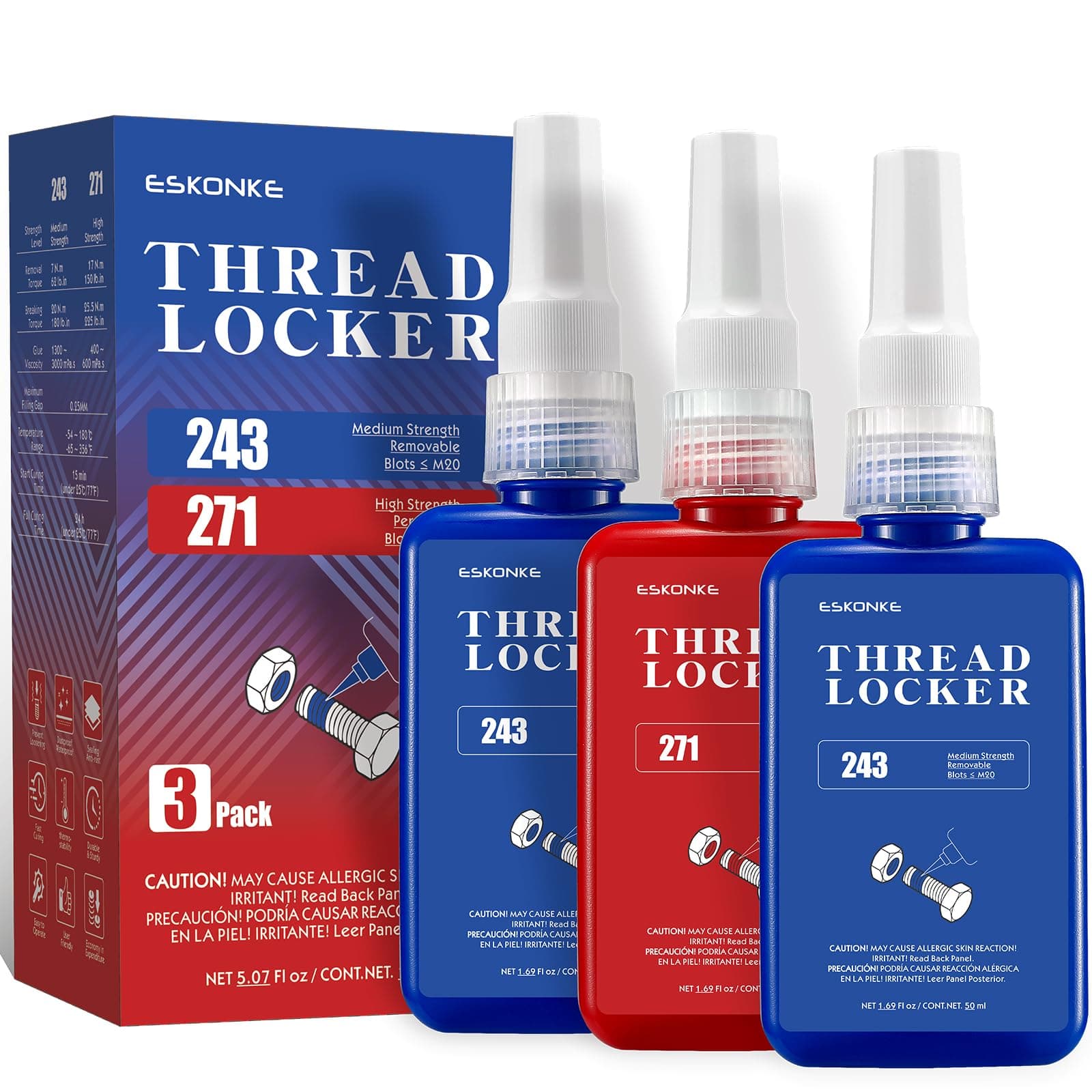 3 Pack Thread Locker Blue 243 + Red 271 Removable & Permanent Locking 5.07 Fl oz Nuts & Bolts Threadlocker Seal & Lock Tight Fasteners Anaerobic Curing Metal Glue (243 ×2 + 271)