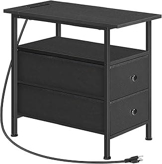 HOOBRO End Table with Charging Station, Narrow Side Table, Nightstand with 2 Non-Woven Drawers, Slim Sofa Side Table, for Small Spaces, Living Room, Bedroom, Black BB486UBZ01