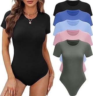 BALENNZWomen's 4/5 Pack Short Sleeve Round Neck Bodysuit Tops Crew Neck Basic Casual Tshirt Bodysuits