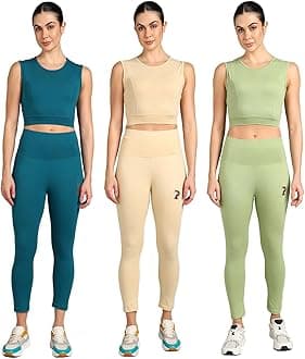 PAAVKI Stretchable Activewear Sleeveless Crop Top with Long Pants with Back Pocket for Workout Top & Bottom Set Gym Yoga Sports Running Track Suits For Girls/Women - Pack of 3