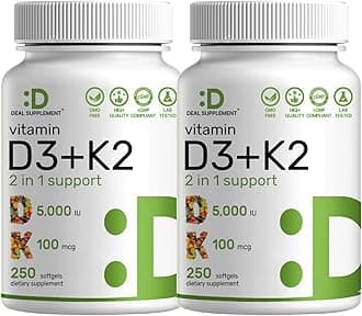 DEAL SUPPLEMENT 2 Pack Vitamin D3 5,000 IU + K2 MK7 Softgels, 500 Count | 2-in-1 Complex | Supports Heart, Bone, Teeth & Immune Health | Easy to Swallow
