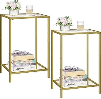 Side Tables Set of 2, End Tables with Tempered Glass, 2-Tier Nightstands with Storage Shelves, Coffee Table with Modern Style, Slim Sofa Table for Living Room, Bedroom, 11.8" D x 15" W, Gold