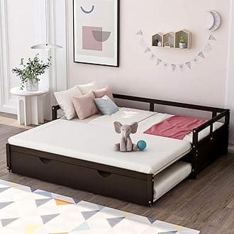 Merax Wooden Daybed Extendable Bed with Trundle, Sofa Bed for Bedroom Living Room, Can be Expanded from Twin Size to King Size (Espresso)