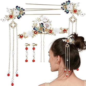 5 Pcs Butterfly Chinese Tassel Hair Stick Peony Flower Crystal Pearl Hanfu Hair Pins Classical Floral Wedding Headpiece Brides Hair Jewelry Accessories for Updo Long Hair Women Girls