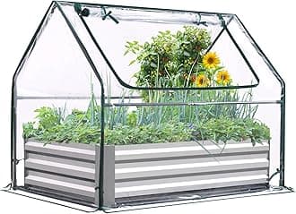 Galvanized Raised Garden Bed with Cover Metal Planter Box Kit, w/ 2 Large Screen Windows Mini Greenhouse 20pcs T Tags 1 Pair of Gloves Included Outdoor Growing Vegetables
