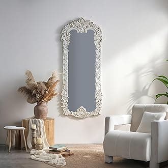 ZIYOO Vintage Floor Full Length Decorative Mirror, Distressed White Carved Wood Frame Baroque Ornate for Bedroom, Living Room, Entryway, 65"x24", White