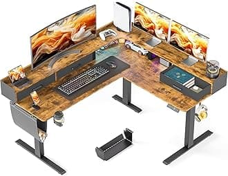 63 Inches Height Adjustable L Shaped Standing Desk with 3 Drawers and Monitor Shelf, Electric Corner Comupter Desk, Sit Stand up Home Office Desk, Ergonomic Gaming Desk, Rustic Brown