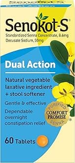 Senokot-S Dual Action Natural Vegetable Laxative Ingredient Plus Stool Softener Tablets, Docusate Sodium, Senna Concentrate, Gentle, Overnight Relief From Occasional Constipation, 60 ct