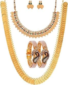 Zeneme Jewellery Set Gold Plated Pearl Studded Bangles Jewelry, Long Maharani Temple Coin Necklace, Short Red Green Necklace Set with Earring Jewellery for Women and Girl