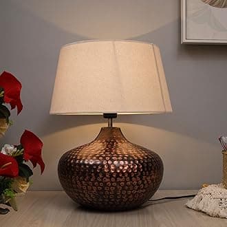 Homesake® Antique Table Lamp Hammered Oil-Rubbed Bronze Metal Linen Drum Shade for Living Room Family Bedroom, (Gourd, Khadi)