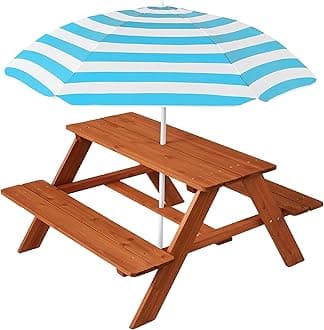 Best Choice Products Kids Wooden Picnic Table, Outdoor Activity & Dining Table w/Adjustable Collapsible Umbrella, Built-in Seats - Golden Brown/Aqua