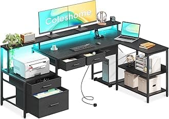 Coleshome 175x100 cm Corner Desk with Drawers, Reversible L Shaped Desk with LED lights & Power Outlet, Home Office Desks with Monitor Shelf, Large Computer Table with Storage Shelf, Black