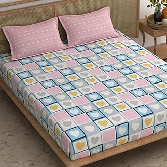 LOOMLYFE 300 TC Cotton Feel Glace Cotton Elastic Fitted Printed Super King Size Bedsheet with 2 Pillow Covers Fits Upto 12 inches Mattress,Size- 72X78 Inches, PinkHeart