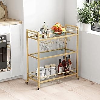 Glass Gold Bar Carts for Home with Hanging Wine Rack - Home Bar Serving Cart with 3 Mirrored Shelves, Kitchen Bar Carts, Wine Cart for Entertaining, Club Party.