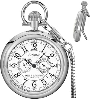 Stainless Steel Pocket Watch London Mechanical Steampunk Pocket Watches with Chain for Men Graduation Birthday Gifts Fathers Day
