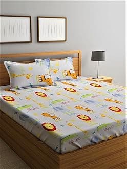 Home Sizzler 144 TC Microfibre Kid's Animal Character's Elastic Fitted Double Bedsheet (72X78 inch) with 2 King Size Pillow Covers