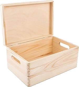 Large Wooden Storage Box with Hinged Lid | 11.8 x 7.87 x 5.51 in (+-0.5) | Keepsake Unfinished Plain Unpainted Gift Box with Handles for Tool Toy Kitchen | ROUGH & UNSANDED Wood Trunk