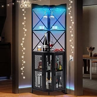 EROMMY Corner Bar Cabinet with Power Outlet, 5-Tiers Wine Bar Cabinet with LED Light and Glass Holder, Industrial Home Bar for Dining Room, Living Room, Kitchen, Modern Black