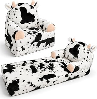 QIUODO Toddler Chair with Faux Rabbit Fur – 2-in-1 Foldable Kids Couch, Soft Sofa for Reading, Bedroom or Playroom Use, Ages 1-3（Cow）