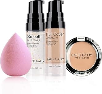 Waterproof Full Coverage Concealer with Primer Sponge Set, Smooth Matte Flawless Creamy Liquid Foundation Corrector Makeup Kit for Face Eye Dark Circle Spot Acne Scar Cover (0.2Fl, Warm Natural)