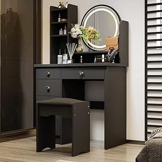 Vanity Desk Set with LED Lighted Round Mirror, Makeup Dressing Table with 5 Drawers, Storage Shelves & Cushioned Stool for Bedroom, Black