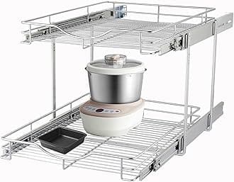 DINDON 2 Tier Pull Out Cabinet Organizer (17" W X 21" D), Double Tier Wire Basket Slide Out Shelf Storage for Kitchen Base Cabinet, Chrome Finish