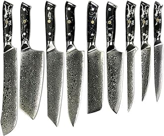 Kitchen Utensils Set of 9 Damascus Steel Japanese Knife Set Premium Home & Kitchen Daily Household Use Never Needs Sharpening Dishwasher Safe Brand Packaging