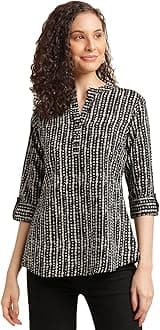 NAINVISH Tops for Women Printed Regular Fit Shirt, Tops for Women Stylish Latest|Office Wear Tops for Women|Cotton Blend Tops for Women|Mandarin Collar Top