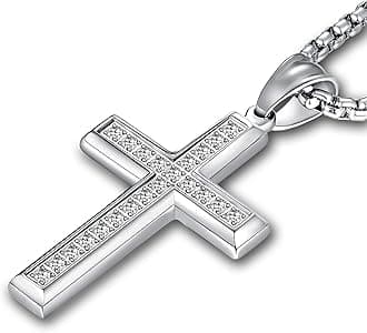 Men's Cross Necklace 316L Stainless Steel Jesus Ankh Pendant Rolo Chain Jewelry