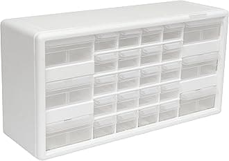26-Drawer Plastic Drawer Storage Cabinet for Garage Organization, Bead Organizer, Building Bricks Storage, Teacher Toolbox, Makeup Organizer, 20" W x 6" D x 10" H, 10124 White