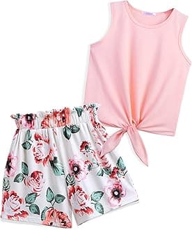 Arshiner Girl's 2 Piece Outfits Summer Tie Knot Tank Top and Paperbag Waist Pocketed Short Sets