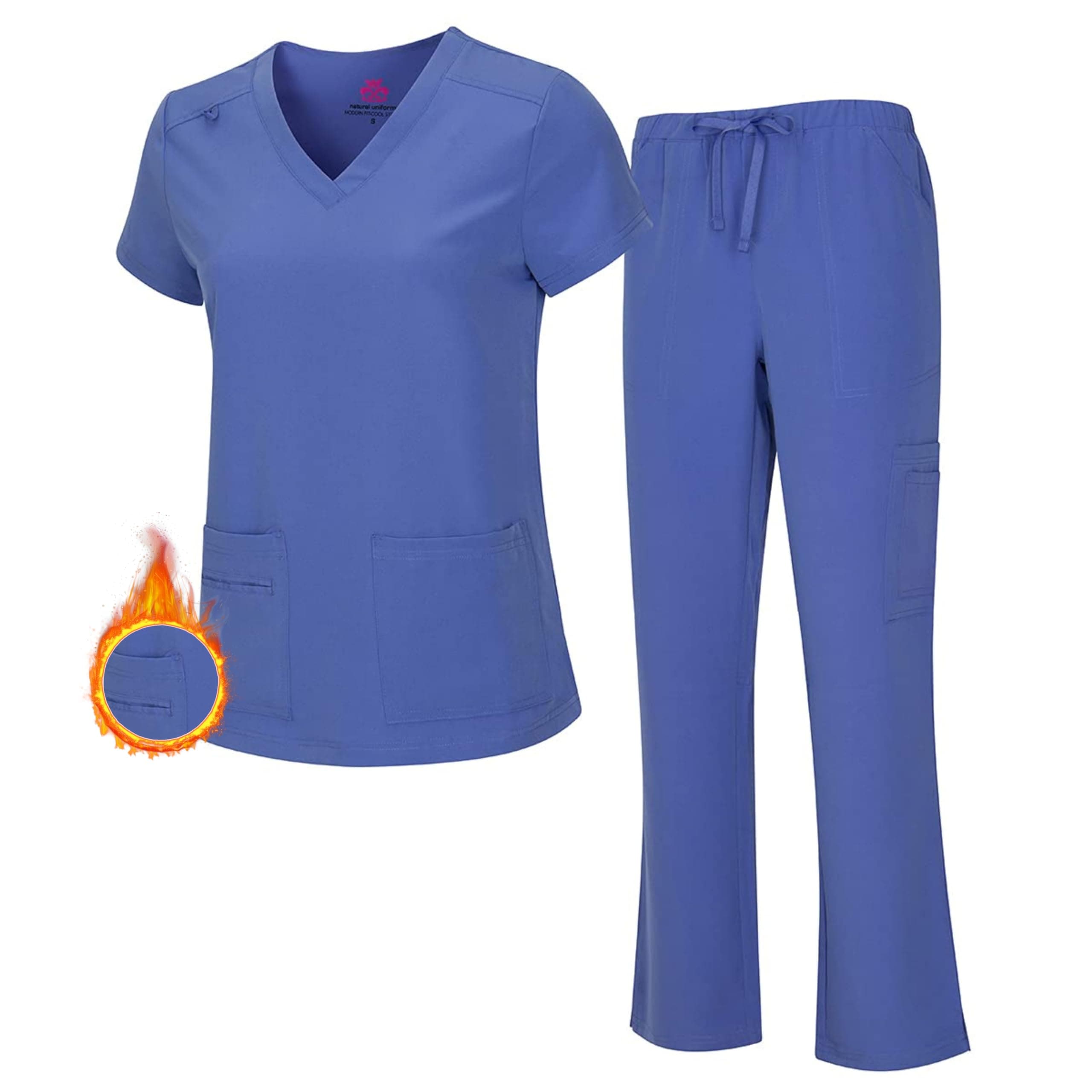 M&M SCRUBS Women's Breathable Cool Stretch Fabric Scrub Top and cargo Pant Set (Ceil Blue, Large-Petite)