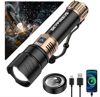 - SKYFIRE LED Flashlights High Lumens with Ignition Lens,3000lm Super Bright Rechargeable Flashlight,Zoomable,4 Modes,Waterproof Tactical Flash Light for Camping Essentials,Outdoor and Home,Gift