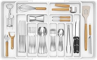 Lifewit Large Silverware Drawer Organizer, Expandable to 36 Inches Wide, BPA Free Plastic Utensil Tray for Kitchen, Adjustable Flatware and Cutlery Holder for Spoons Forks Knives, WhiteRecycled Claim Standard 100